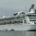 REAR VIEW OF THE ENCHANTMENT OF THE SEAS, A ROYAL CARIBBEAN SHIP.  IF YOU LOOK CLOSE YOU CAN SEE LOUISE WAVING FROM THE BALCONY OF OUR ROOM.